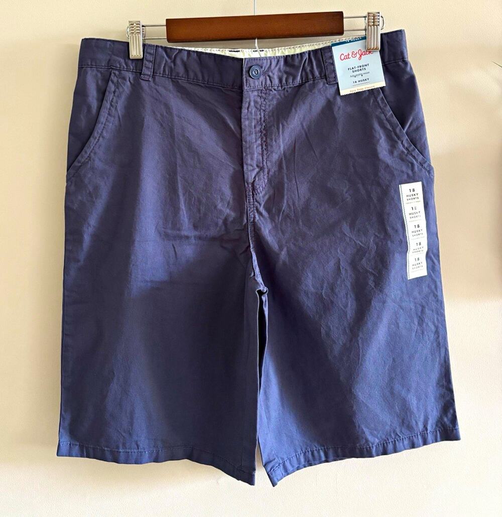 Cat & Jack Boys Flat-Front Blue Solid Shorts 18 Husky Adjustable Waist Pockets